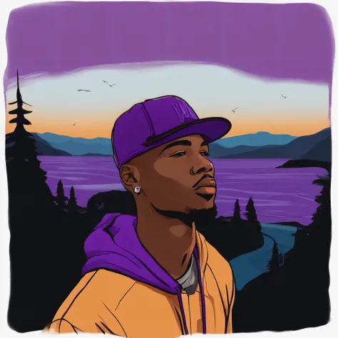 Young man with cap back wearing purple sweatshirt singing hip hop