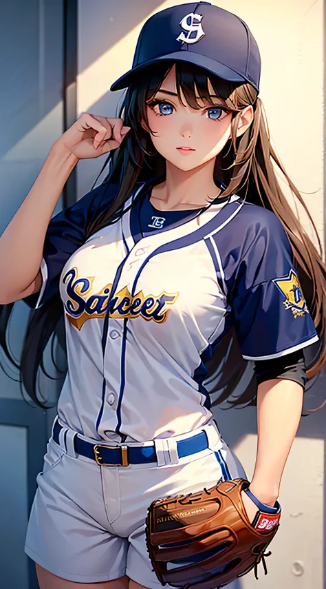 (((1 girl))), masterpiece, highest quality, Super realistic 8kCG, perfect artwork,cowboy shot, perfect woman image, dramatic shadow, perfect hands, ((cute face)), beautiful face, beautiful girl,baseball uniform,