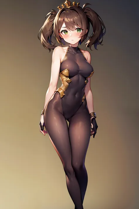 woman, medium breasts, brown hair, short twintails, green eyes, nudity, standing, blush, black bodysuit, bare shoulders, bare ar...