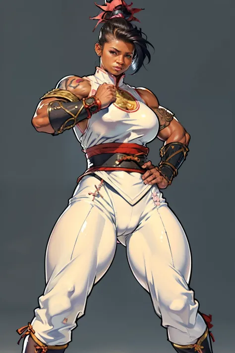 (high resolution, pixel perfect, gorgeous illustrations), (hyper quality, muste piece, etheric: 1.4), ((1girl)), (((((fighting stance))))), (((((pussy))))), ((tattoo)), ((mature woman)), ((((dark skin)))), ((white mohawk hair)), cool atmosphere, ((((orgasm...