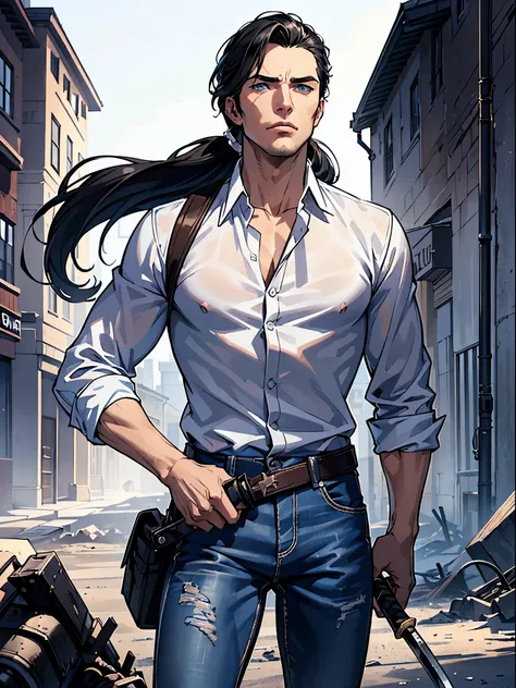 (best quality:1.4),masterpiece,ultra-detailed,handsome man, sharp eyes, serious look,realism,cowboy shot,1man,black hair, pony tail,blue eyes ,tareme,long hair,white skin, white shirt out of the jeans, wasteland, hes holding a katana