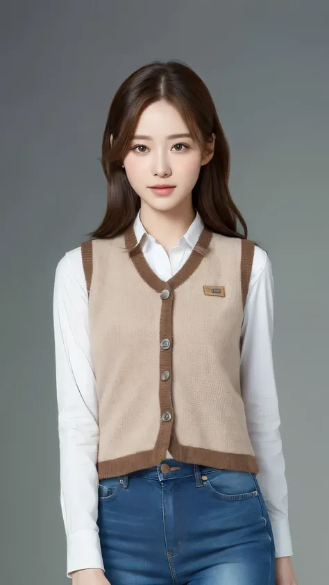 （lifelike， high resolution：1.3）， 1 girl with perfect figure， The face shape and eyes are super delicate，long hair， random color vest：1.2， Short jeans， Dabubu，Baogou