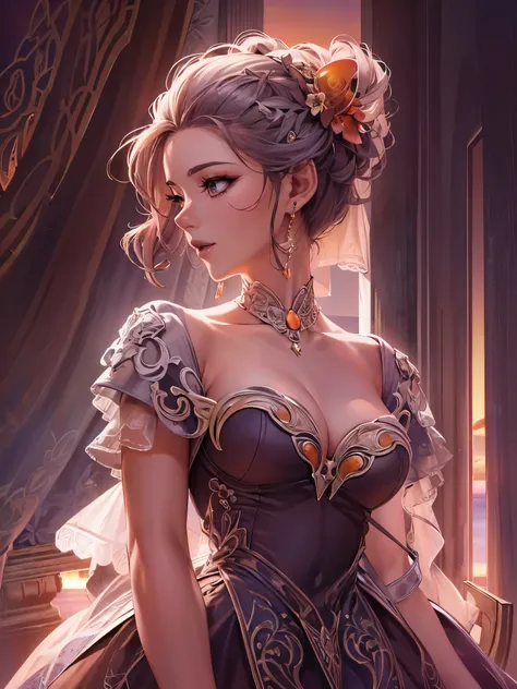 ((highest quality)),(ultra high resolution),(Super detailed),(detailed description),((best CG)),(best work of art),super precision art,amazing drawing art,(Art with precise details:1.5, (lady:1.6),(beautiful and well-shaped face:1.3),(A dress that is about...