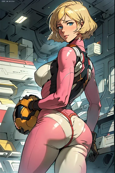 masterpiece, ultra quality, Beautiful detailed, extremely detailed,16K, exquisite, absurdity, highres, Beautiful background, Beautiful eye, Beautiful skin, anime style, ((1 girl), Sayla Mass, elegant), (magazine:1.3), Bending waist、woman'whole body、see...