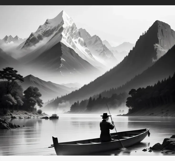 A Chinese black and white ink painting，There are distant mountains，There is river water，There is a fishing boat，There is an ancient old man fishing on the boat