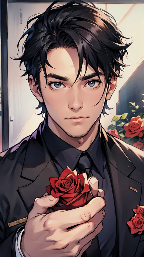 最high quality、best image quality、masterpiece、male((20-year-old、 By becoming、muscular、black Y-shirt、black suit、black tie、black hair、shortcut、holding a bouquet of roses、gesture of offering)),high quality、beautiful art、background((In front of the entrance))、F...