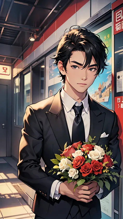 最high quality、best image quality、masterpiece、male((20-year-old、 By becoming、muscular、black Y-shirt、black suit、black tie、black hair、shortcut、holding a bouquet of roses、gesture of offering)),high quality、beautiful art、background((In front of the entrance))、F...