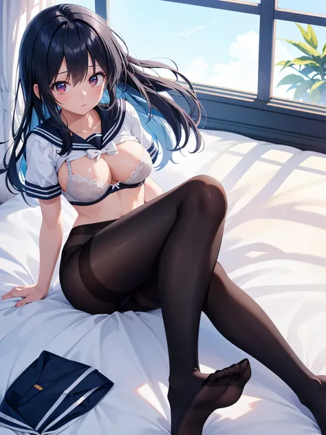 (1 girl),(high quality), (High resolution), (very detailed), (8k),(CG)、sailor suit、shirt、(cute bra:1.1)、cute panties、(black pantyhose)、(nipple shape)、(I don&#39;t have shoes)、daylight white lighting,sexy pose、show panties、fantasy world、messy hair