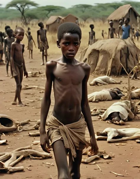 Output: (best quality,4k,highres,masterpiece:1.2), African boy refugee, burst into tears，heavily malnourished, protruding ribs, sunken face, eyes filled with fear and countless tears, completely naked, depicting the most desperate scene in the African cont...