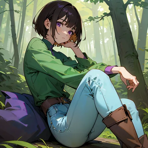 Brunette girl with short hair, purple eyes, calm face, green top with separate sleeves, and with blue denim knee-length pants, brown boots, beautiful forest background, character sitting near a tree, in good quality 