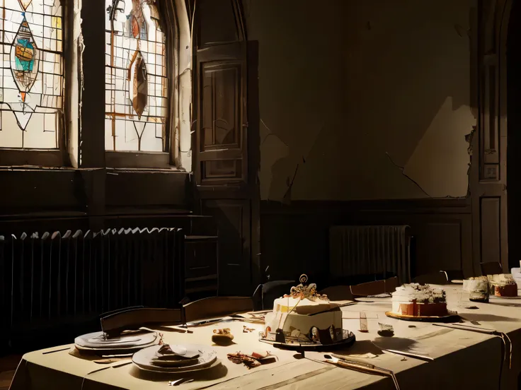 a long, large royal banquet table, Die Party ist vorbei, der Ort ist verlassen, Es gibt keine menschlichen Geschenke, There is a large one in the middle of the table, halb aufgegessener Kuchen in Form einer Krone, Licht kommt durch die Fenster herein, Stau...