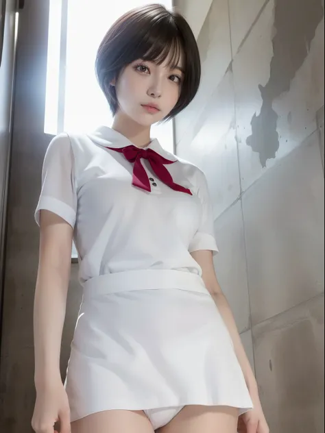 (masutepiece, Best Quality, Ultra-detailed, 8K, Wallpaper, Photorealistic), ((Perfect hands)), ((Perfect Anatomy)), medium cleavage, concrete abandoned building、  ((Attractive anime 1 girl)), ((Rei Ayanami)), ((Capturing her ethereal beauty with pale skin,...