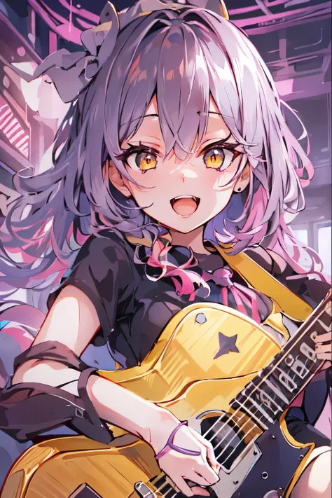 ((masutepiece)), ((Best Quality)), (Ultra-detailed), Anime style, Live performance venue, Cute s, 1girl in, Solo, Playing the guitar 00, ((Beautiful eyes))0, Smile,(((yellow eyes))),