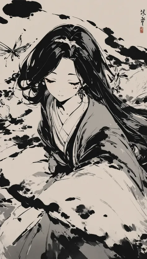 中国ink画，ink，smudge，beauty in hanfu，fairy spirit fluttering，black and white，black and white art，8k，super fine，rich details，masterp...