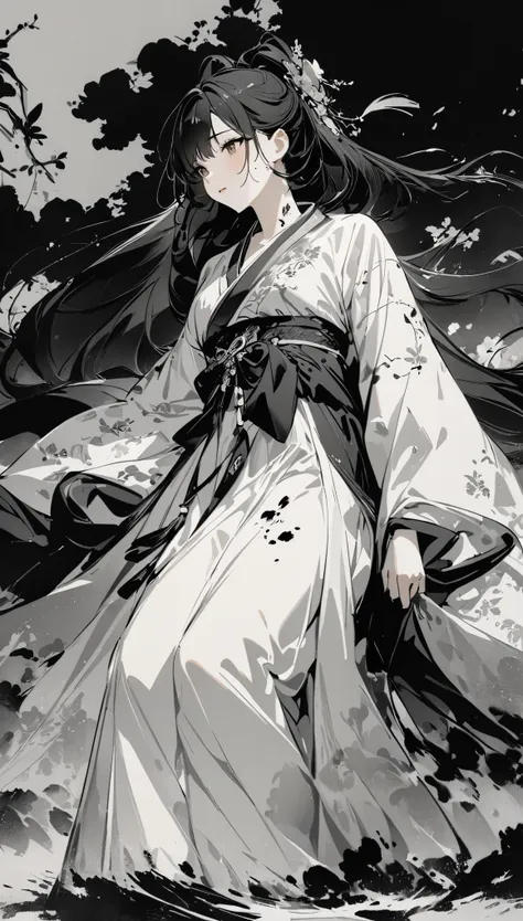 中国ink画，ink，smudge，beauty in hanfu，fairy spirit fluttering，black and white，black and white art，8k，super fine，rich details，masterp...