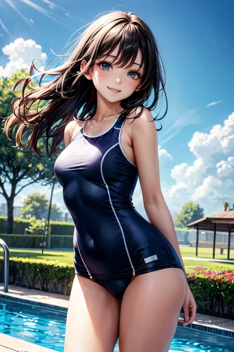 very cute and beautiful girl,(highly detailed beautiful face),blue school swimsuit, standing,leaning forward,pool side,colorful flowers in grassland, (smile),looking at viewer,black hair,cowboy shot, (best quality,masterpiece:1.2),absurdres,highres,ultra-d...