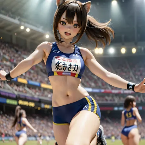 A group of wildcat girls wearing cute track and field uniforms, have big breasts, participate in a sporting event. The girls are healthy and energetic., Show off your athleticism on the field. Their uniforms are bright and snug, highlight their appearance....