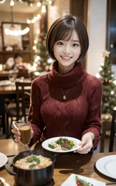 Female college student wearing cute winter clothes、short cut hair、Enjoy a delicious dinner on a warm evening。around her、A dining table sparkling with decorations.、creates a warm atmosphere。Smiling female college student、Holding a fork、people eating special...