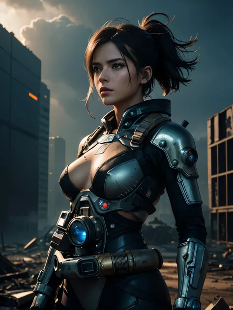 RAW photograph, portrait quality, an ultra hot gorgeous European woman, 23 years old , random hair color, wind blown hair, dusty face, clad in sheer iridescent transparent cyberpunk armor (vaultsuit with pipboy3000 on wrist), Against the backdrop of a deso...