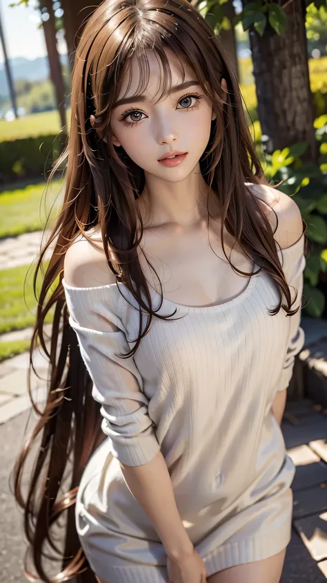 beautiful white and shining skin、chestnut hair that changes depending on the light、long bangs between the eyes that obstruct vis...