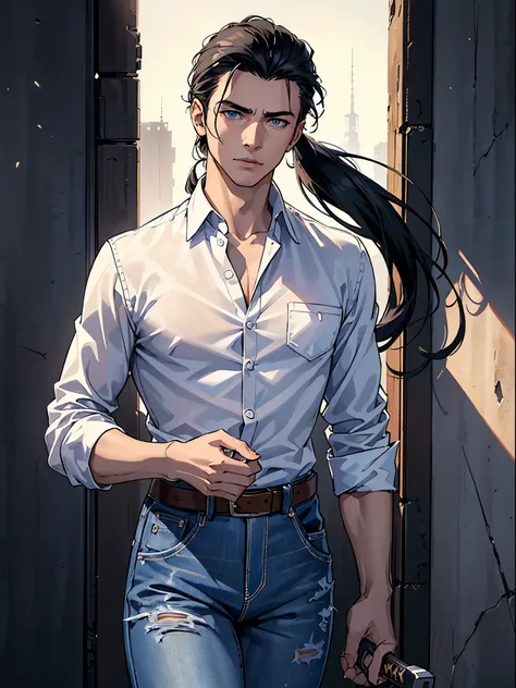 (best quality:1.4),masterpiece,ultra-detailed,delicate features,delicate skin,realism,beautiful lighting,cowboy shot,1man,black hair, pony tail,blue eyes ,tareme,long hair,white skin, white shirt out of the jeans, wasteland, hes holding a katana