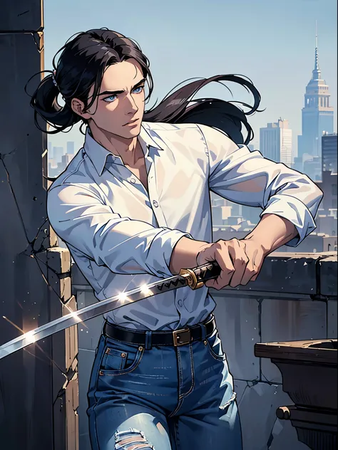 (best quality:1.4),masterpiece,ultra-detailed,delicate features,delicate skin,realism,beautiful lighting,cowboy shot,1man,black hair, pony tail,blue eyes ,tareme,long hair,white skin, white shirt out of the jeans, wasteland, hes holding a katana