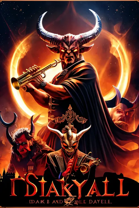 devil and satan playing trumpet behind dark castle