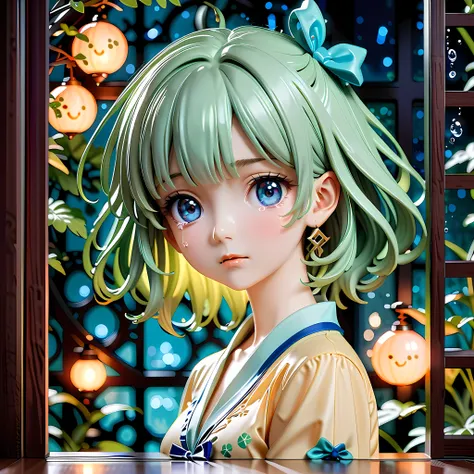 anime style artwork of blonde girl with blue eyes by window on rainy night, wearing a white shirt with a blue bow, crying emotic...