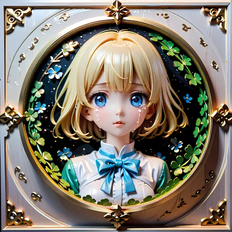 anime style artwork of blonde girl with blue eyes by window on rainy night, wearing a white shirt with a blue bow, crying emotic...