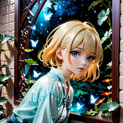 anime style artwork of blonde girl with blue eyes by window on rainy night, wearing a white shirt with a blue bow, crying emotic...