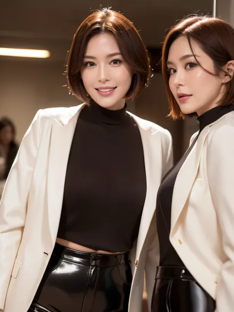 masterpiece,highest quality, (1 milf、38 years old), ((close:0.5)), glare, wool jacket,genuine leather pants、 white shirt, double eyelid, eyelash, lip gloss, (smile:1), ((close your eyes:0.85)), ((looking at the viewer、The whole body is reflected、Are standi...