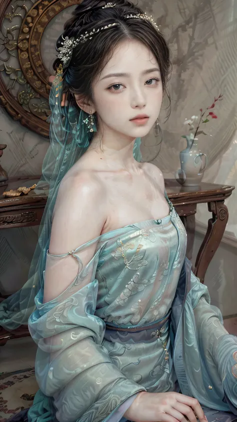 (highest quality,4k,8K,High resolution,masterpiece:1.2),Super detailed,(realistic,photorealistic,photo-realistic:1.37), bright colors,strong contrast, dreamy lighting,Classic beauty,traditional painting style,gorgeous clothes,complex pattern,calm expressio...