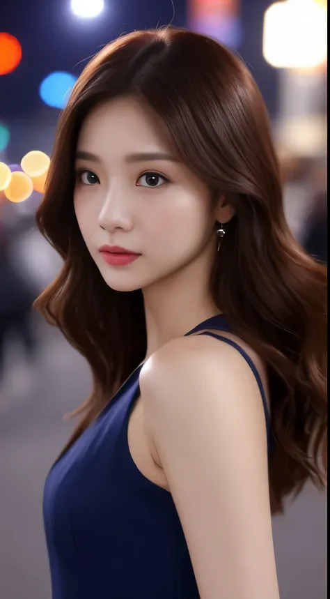 top-quality。８K-Picture。Ultra-high pixel。The background is the city at night。girl with。hair is long and slightly wavy,,,,,,,,,,,,,,,,,,,,,,,,,,,,,,,,,,,,,,,,,,,,,,,,,,,,,,,,,。The color is dark brown。Glamour style、((huge-breasted：1.8))。wearing red dress、Phot...