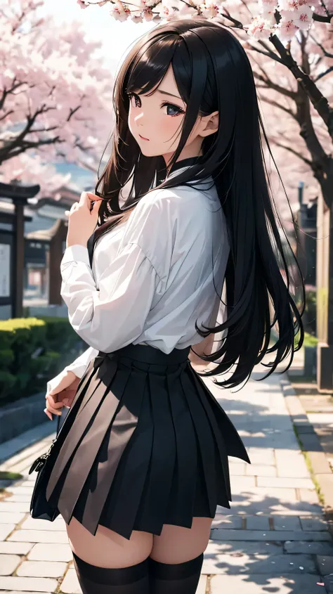 ((best quality)), ((masterpiece)), (detailed), (natural side lighting, movie lighting), 
((carry the audience on their backs)), whole body, 1 girl, Rear view, ((Japanese)), perfect body structure, shiny skin, Long hair fluttering in the wind,
long black ha...