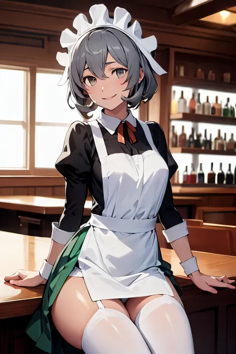 masterpiece,detailed face,detailed skin,detailed eyes,shiny skin,shiny lips,highest quality,.syr Flova, gray hair, syr,maid headdress, green long dress,(((long skirt ))),apron, smile, Happy, closed mouth, holding tray, bar, Shoulder bag,sitting,beautiful t...