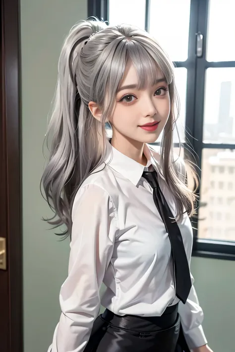 （Girl Standing In Office Changing Room）、（（Rear view））, silver hair, bangs, 鈍いbangs, long straight hair, （side ponytail）aqua eye, long eyelashes, Solid Circle Eye, compensate, open your mouth, blush, parted lips, bright pupils, smiley, enchanting smile, shi...