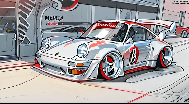 1994 white porsche 911 rwb, wide body, sketch, 
cartoonish, comic strip, chip foose car rendering, chrome wheels, bagged, slamme...