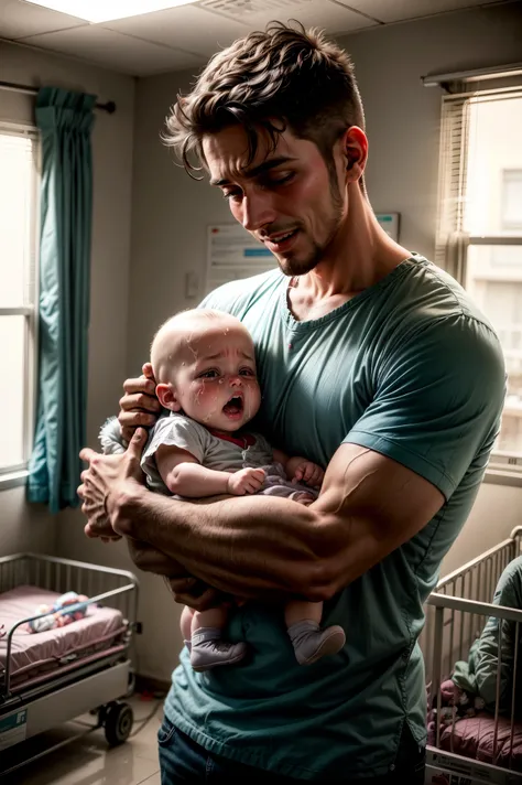 25-year-old father holds newborn baby in hospital delivery room, baby has no hair, excited and crying, lovely and warm atmospher...