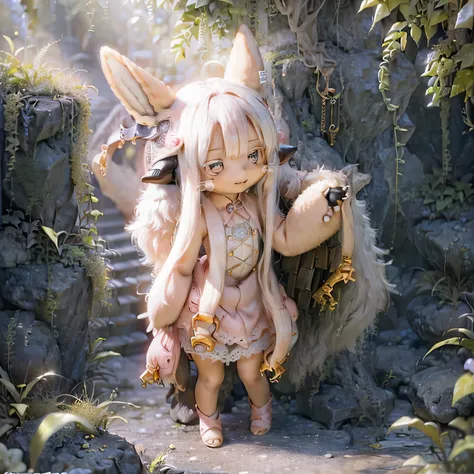 in the garden, smiling girl, Looks like Nanachi from Made in Abyss. she is beautiful, fine eyes and lips. A girl is depicted、 (((chibi style,))) . Image quality is top quality, With highly detailed and realistic features. The artwork medium combines illust...