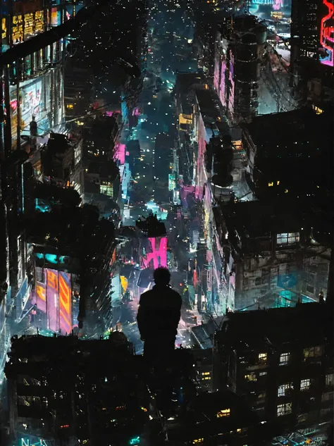 network city，a man stands on a platform in the middle of the street, cyberpunk street, in the cyberpunk city, cyberpunk in cyber...