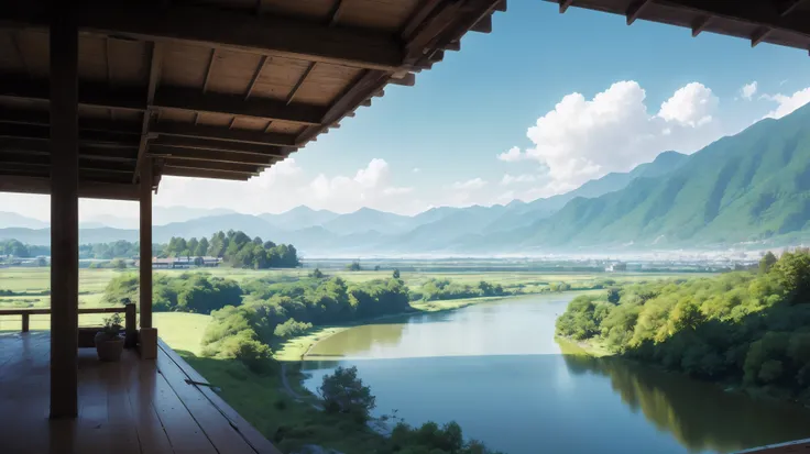 exist,big deal,quiet,,Chinese style,sacrifice,many bungalows,surrounded by mountains,There is a wide river on the left,There are several bridges on the river,After the river is the plain,There is a dense forest on the right,View from the distant mountains,...