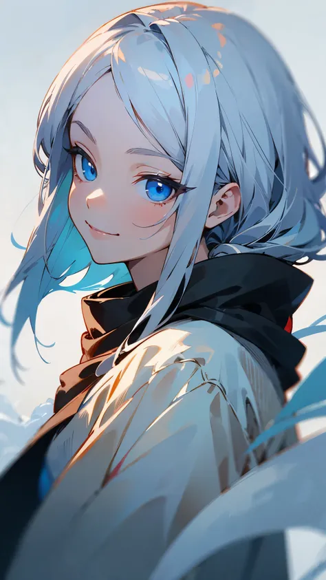 1 girl、anime painting、silver hair、blue eyes、evil smile、from the side、upper body close-up、winter