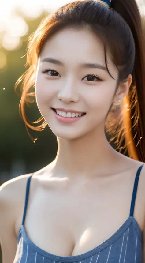 (original photography), (realism), (​Masterpiece), (top quality), High resolution, 16K resolution,1 cute real photo of a Korean star，16 years old，((ponytail)), White skin, Light makeup, Bust 32 inches, split，smile slightly，closeup portrait，Extremely detail...