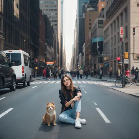 araff sits on the ground in the middle of a city street, позировать on a city street, in the center of new york, on a city stree...