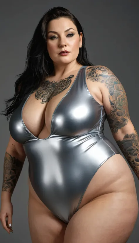 silver open leotard swimsuit(Opens from the chest to the lower abdomen), Mistress 40+,40 year old female, bbw, very big breasts, wrinkles, selfie pose, not instagram, She is looking at the camera with long dark hair and dark black makeup。。, I have a tattoo...