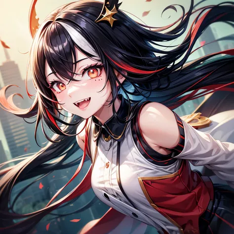 black hair, long eyelashes, 淡淡的Smile, fangs, horizontal striped hair, multicoloRed hair, Colored inner hair, Red hair, hairpin, There are moles under the eyes, incompatible students, empty eyes, empty eyes, dilated pupils, heart shaped pupils, Smile, shado...