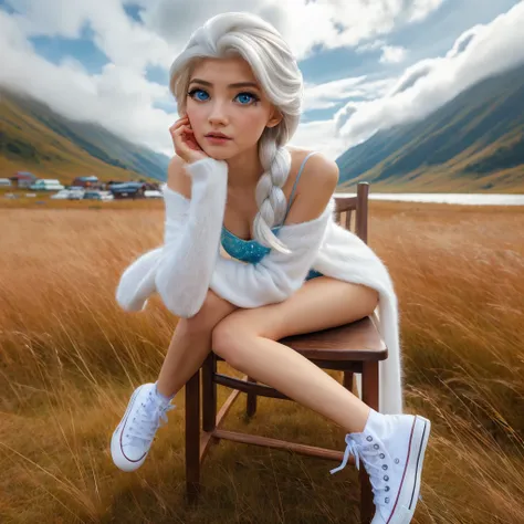 full body, super low angle shot, beautiful asian woman looks like elsa frozen style, blue pupils,wearing a white cardigan,white ...