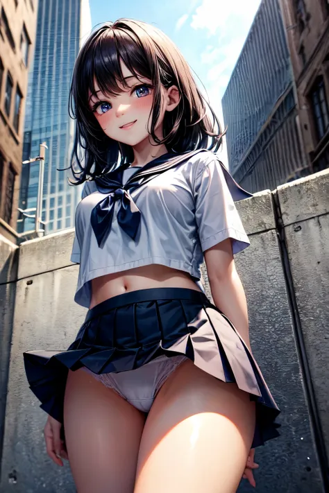 very cute and beautiful girl,(highly detailed beautiful face), (smile),blush,black hair,standing,arms behind back,sailor ,pleated navy blue mini skirt,from below,white panties, summer,school rooftop,building,chain-link fence, (best quality,masterpiece:1.2)...