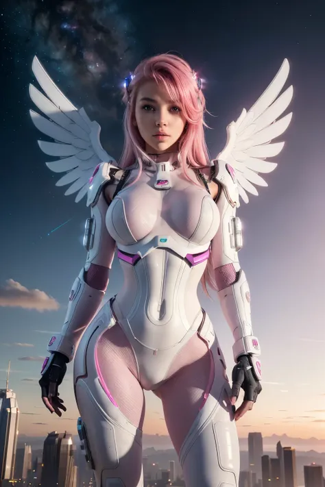 ((masterpiece, best quality, extremely detailed), volumetric lighting, ambient occlusion, colorful, glowing), 
1girl, solo, young girl, (pink hair), long hair, halo, aura, sacred, godness, cyber suit, (white outfit:1.3), android, bot, angel wings,
outdoors...