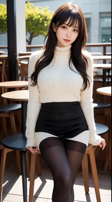 ulzzang-6500-v1.1, (Raw photo:1.2), (Photoreal), (genuine: 1.4),  A simple 33 year old wife、wearing a knit dress、(super realistic pantyhose:1.3)、thighs thighs thighs、Sit on a chair in an open café、Height: 156cm, A little chubby body type、japanese model, sh...